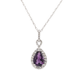 14K White Gold Pear Shape Amethyst & Diamond Halo Necklace